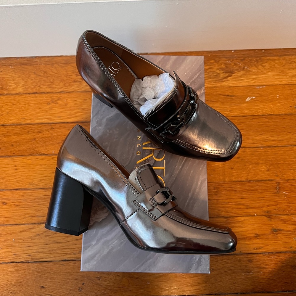 Franco Sarto Tabby Gunmetal Metallic block heeled loafer BRAND NEW